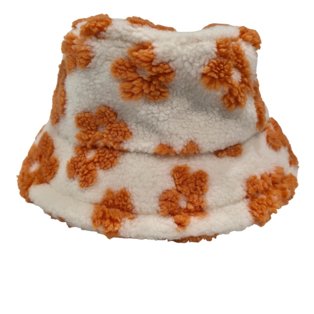 Fuzzy Bucket Hat Orange Floral White‎ Plush Sherpa Winter Warm